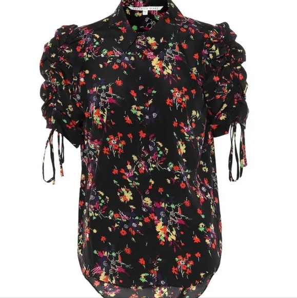 Veronica Beard Carmine sz 6 Silk Black Floral Puff Sleeve Blouse - Picture 4 of 11